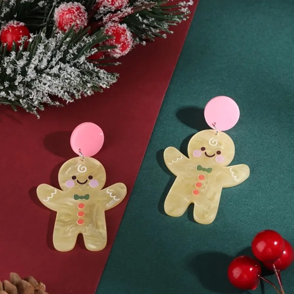 NEW Gingerbread Stud Dangle Earrings with Pink Bow - Picture 4 of 8